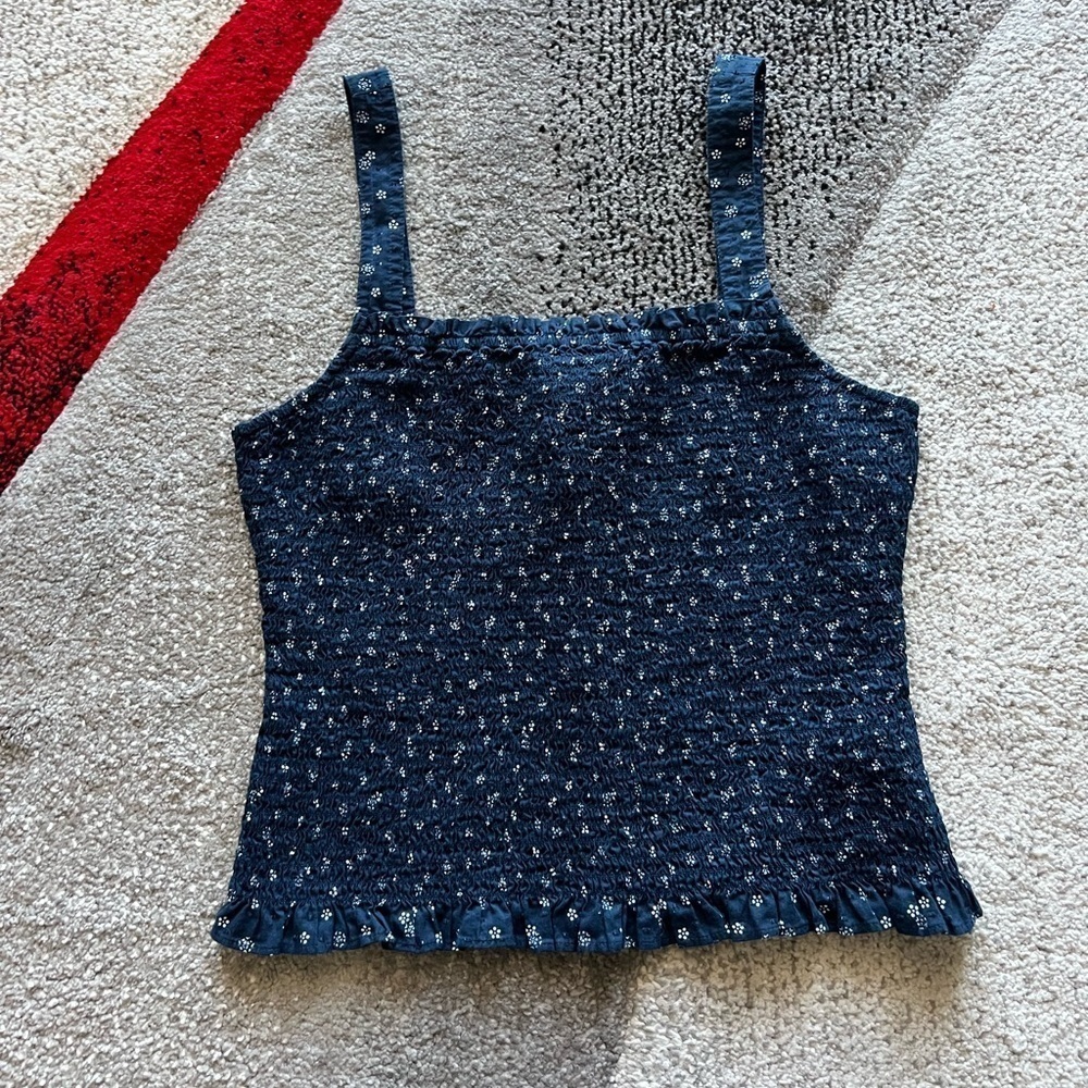 Madewell Lucie Navy Daisy Print Smocked Tank Top - Picture 2 of 5